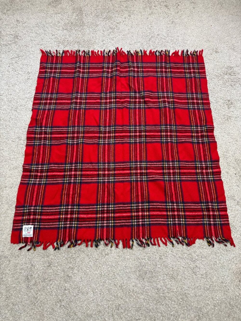 Vintage Faribo Wool Stadium Blanket - Red Tartan Plaid - Made in USA 43" x 45"